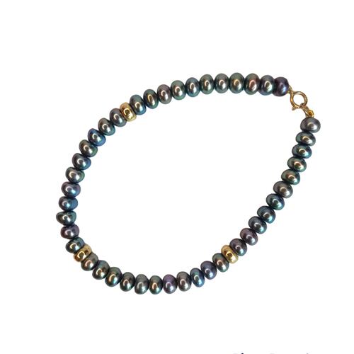 Pulsera de Perlas Botón Negras 5.5 Mm Con Donas De 14 K + Obsequio