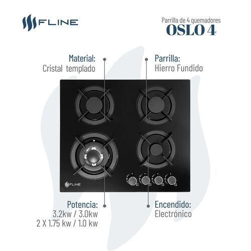Parrilla de Gas Empotrable 4 Quemadores Vidrio templado | Oslo 4 | FLINE