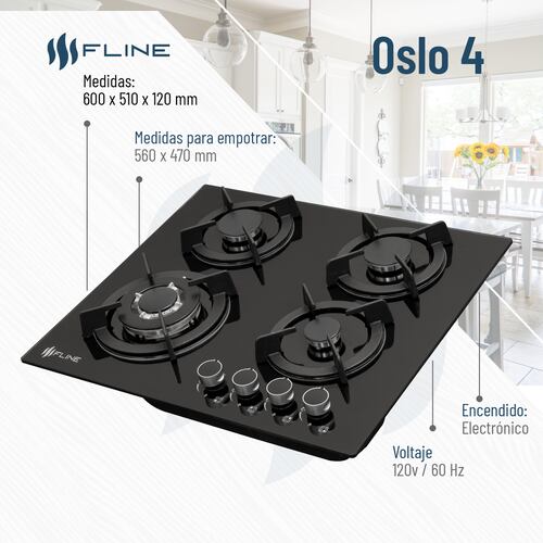 Parrilla de Gas Empotrable 4 Quemadores Vidrio templado | Oslo 4 | FLINE