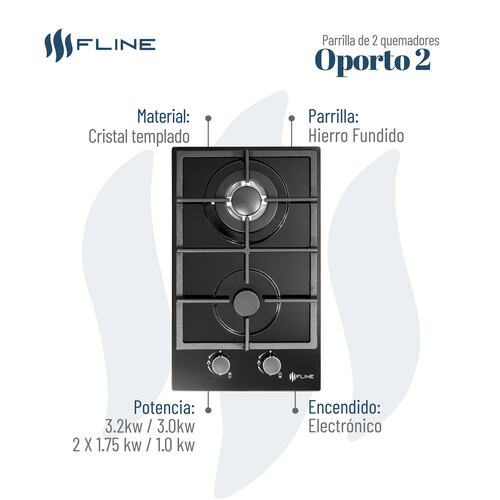Parrilla De Gas Empotrable 2 Quemadores Vidrio templado | Oporto 2 | FLINE