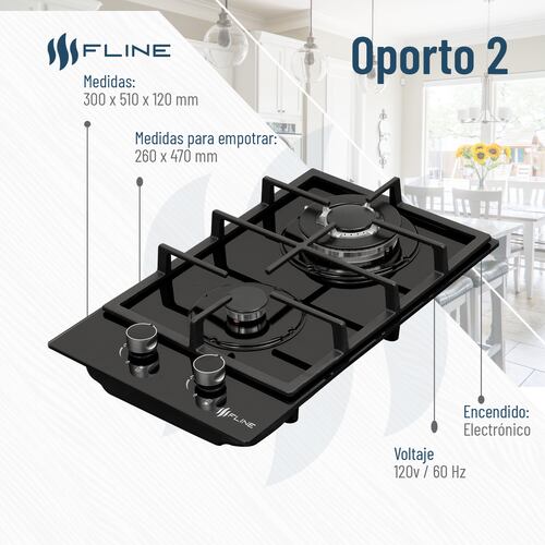 Parrilla De Gas Empotrable 2 Quemadores Vidrio templado | Oporto 2 | FLINE
