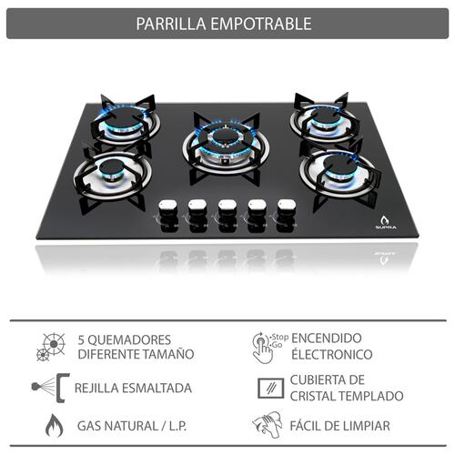 Parrilla de gas empotrable de 76cm con 5 quemadores SUPRA BRIONI cubierta de cristal templado negro