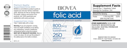 Biovea Ácido fólico 800mcg 250 comprimidos