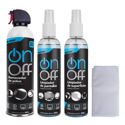 Kit para Limpieza, Silimex On Off Cleaner Kit, incluye Aire Comprimido, Loción, Limpiador de Pantallas y 2 Toallas secas.