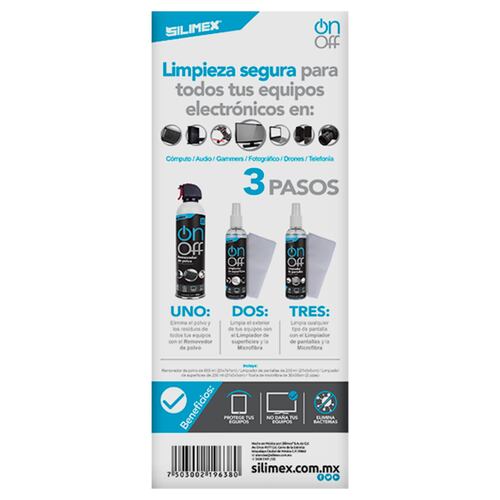 Kit para Limpieza, Silimex On Off Cleaner Kit, incluye Aire Comprimido, Loción, Limpiador de Pantallas y 2 Toallas secas.