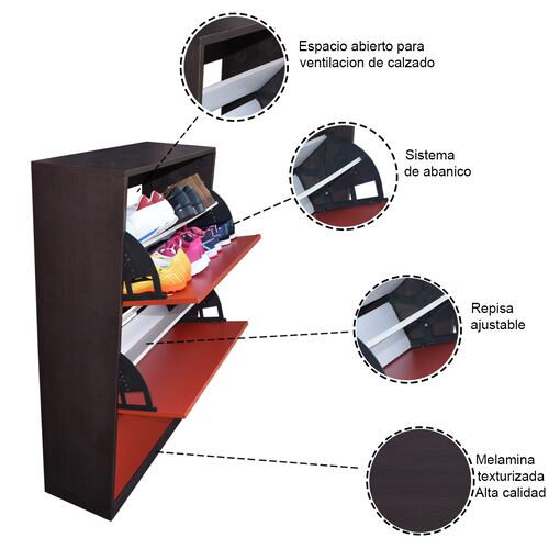 Organizador De Zapatos Hogare Mueble Zapatero Madera Venecia Minimalista y Elegante Chocolate Rojo