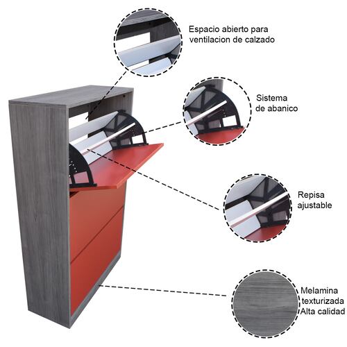Organizador De Zapatos Hogare, Mueble Zapatero Madera, Venecia  Elegante e inteligente Gris Rojo