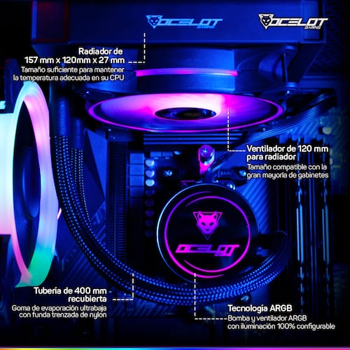 Enfriamiento Líquido Ocelot Gaming OEL120, ARGB, 120 mm, para Intel y AMD.
