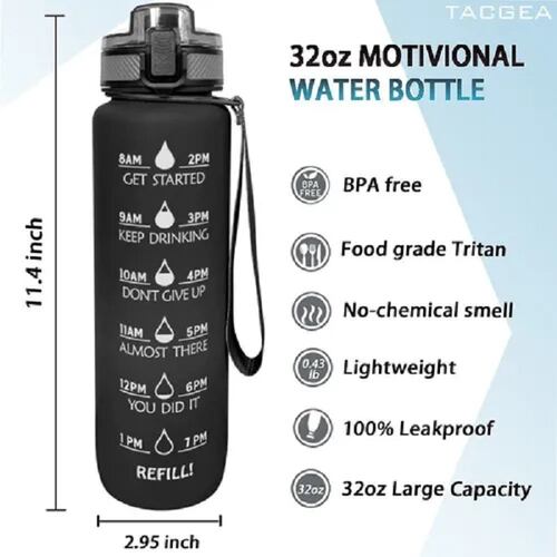 Botella De Agua Deportiva A Prueba De Fugas, Sin Bpa. 32 Oz Negro
