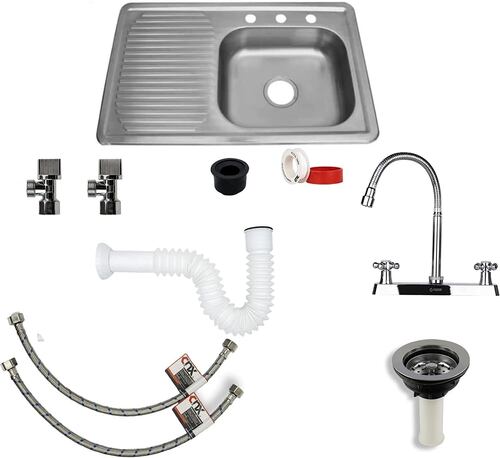 Kit Completo De Tarja con Escurridero (Izquierdo) en Acero Inoxidable, incluye Mezcladora Flexible Para Fregadero