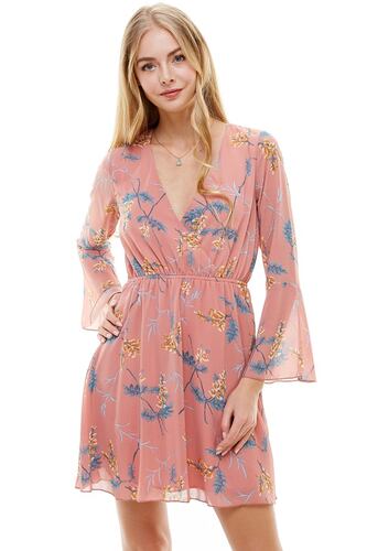 Mini Vestido Floral Vaporoso Manga Larga Con Cuello V Miley