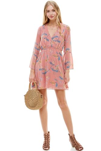 Mini Vestido Floral Vaporoso Manga Larga Con Cuello V Miley
