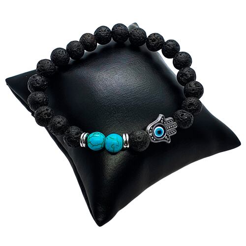 Pulsera de hombre ojo turco y mano de Fátima con piedra volcánica y piedra turquesa.