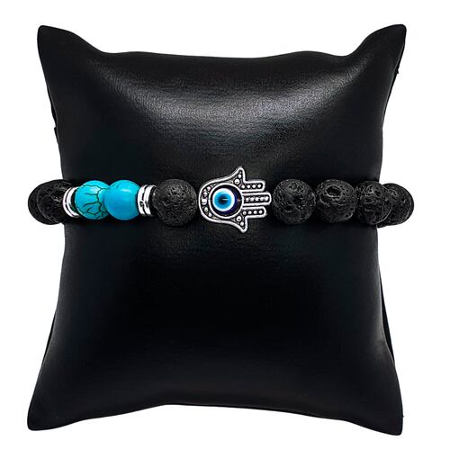Pulsera de hombre ojo turco y mano de Fátima con piedra volcánica y piedra turquesa.