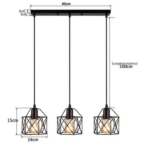 Lámpara Colgante Industrial E26 E27 De 40 Cm, Negro, 3 En 1
