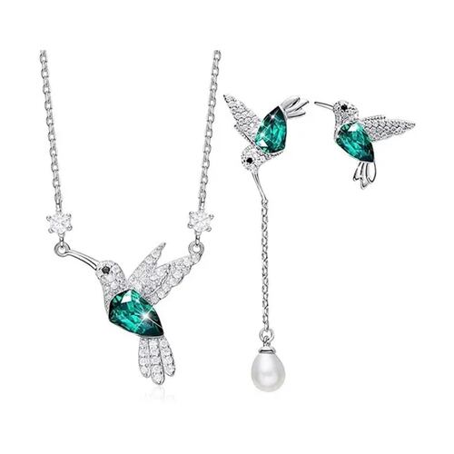 Juego Joyas Colibrí S925 Plata Cristal Swarovski Esmeralda