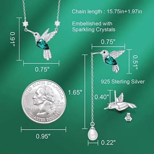 Juego Joyas Colibrí S925 Plata Cristal Swarovski Esmeralda