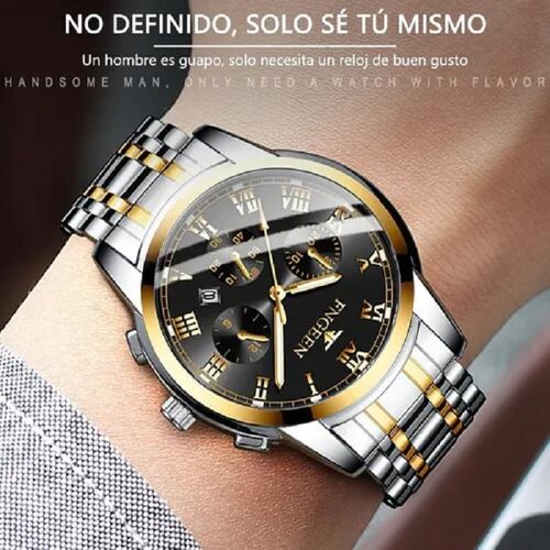 Reloj Con Fechador Correa Metálica Hombre Dorado