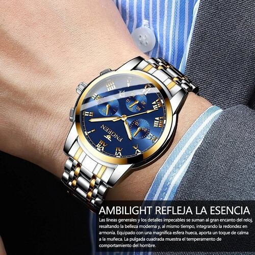 Reloj Con Fechador Correa Metálica Hombre Dorado