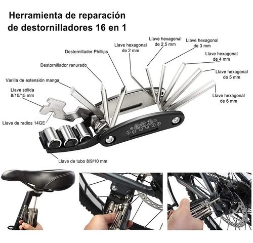 Multifuncional Kit 16 en 1 Herramienta De Reparación Bicicleta
