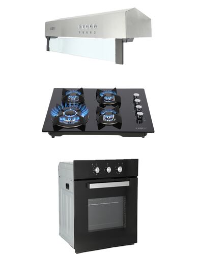 COMBO Parrilla de Cristal 60 cm cristal templado negro y Campana Estandar Acero Inox 80 Cm + Horno Gas 60 cm.
