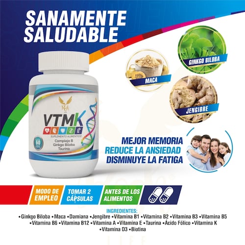  VTMK, Ginkgo biloba, maca, damiana, jengibre, vitamina B1,Multivitaminico para Hombre y mujer Vitaminas 60 caps