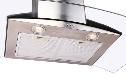 COMBO Parrilla 76 cm Acero inox 5 Q y Campana 90cms Cristal Curvo Tipo Pared Cont Elec + Horno Gas 60 cm.