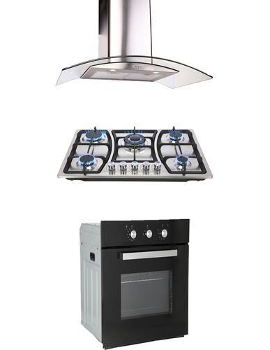 COMBO Parrilla 76 cm Acero inox 5 Q y Campana 90cms Cristal Curvo Tipo Pared Cont Elec + Horno Gas 60 cm.
