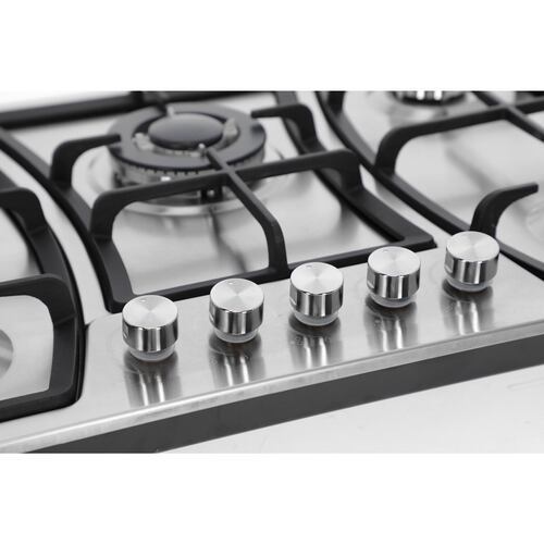 COMBO Parrilla 76 cm Acero inox 5 Q y Campana 90cms Cristal Curvo Tipo Pared Cont Elec + Horno Gas 60 cm.