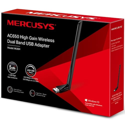 Adaptador De Red USB Mercusys MU6H Inalambrico Banda Dual AC650 Alta Ganancia.