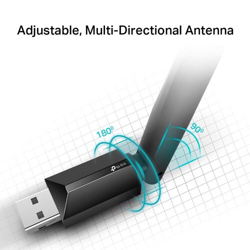 Tarjeta de Red Inalámbrica USB Doble Banda AC600, TP-Link Archer T2U Plus, Antena 5 dBi, Negro.