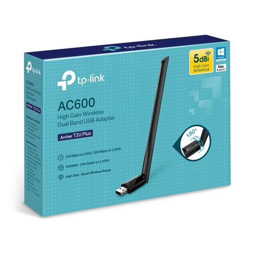 Tarjeta de Red Inalámbrica USB Doble Banda AC600, TP-Link Archer T2U Plus, Antena 5 dBi, Negro.