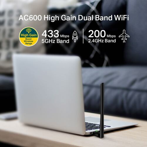 Tarjeta de Red Inalámbrica USB Doble Banda AC600, TP-Link Archer T2U Plus, Antena 5 dBi, Negro.
