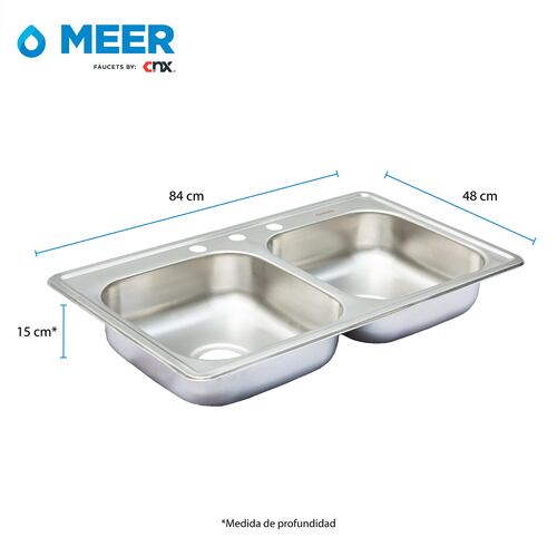MEER Faucets by CNX | Tarja Doble Tina para Cocina de Acero Inoxidable Calibre 22 con Acabado Satinado. Fregadero de Empotrar .