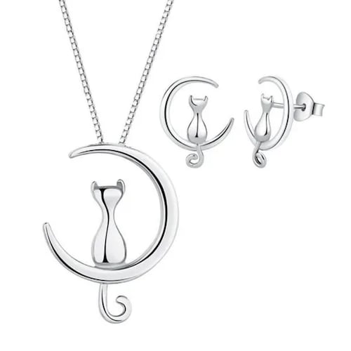 Collar Mujer De Plata S925 Diseño Luna Gato Con Aretes