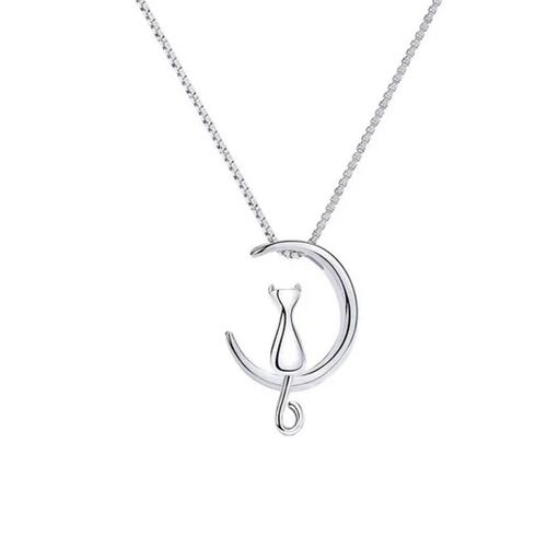 Collar Mujer De Plata S925 Diseño Luna Gato Con Aretes