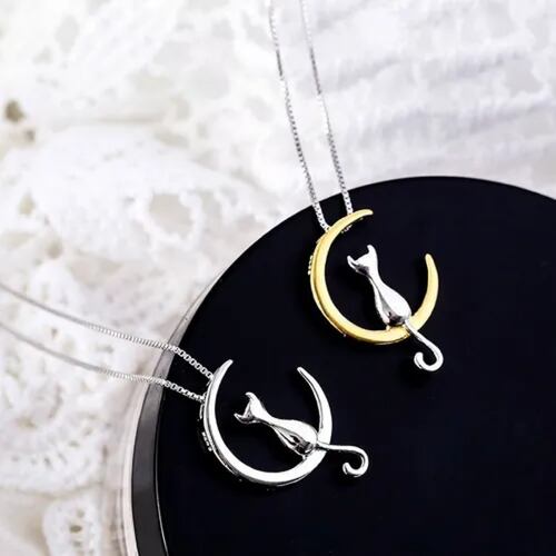 Collar Mujer De Plata S925 Diseño Luna Gato Con Aretes