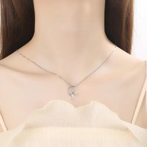 Collar Mujer De Plata S925 Diseño Luna Gato Con Aretes
