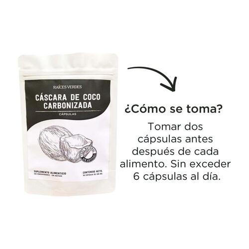 Cáscara De Coco Carbonizada 90 Cápsulas 500mg Raíces Verdes 