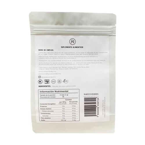 Cáscara De Coco Carbonizada 90 Cápsulas 500mg Raíces Verdes 