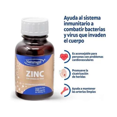 Zinc Con Germen De Trigo 200 Cápsulas De 400mg C/u Naturagel