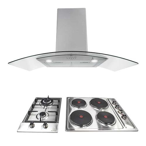 COMBO con campana de pared 90cm, parrilla de gas y parrilla eléctrica SUPRA EPOMEO de acero inoxidable
