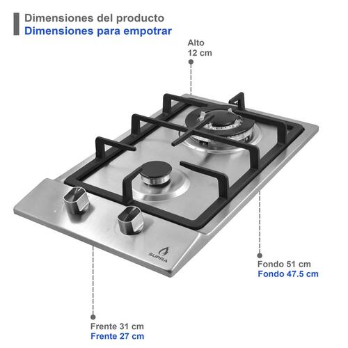 COMBO con campana de pared 90cm, parrilla de gas y parrilla eléctrica SUPRA EPOMEO de acero inoxidable