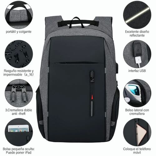Mochila Para Laptop Con Puerto Y Cable Usb Negro con Gris