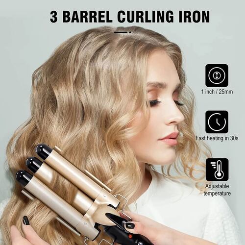 Plancha Rizadora Tenaza Cerámica Cabello 3 Barrel Rizos Dorada