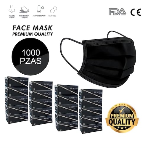 Tapabocas 1000 Pzs Cubrebocas Plisado Tricapa Termosellado Negro