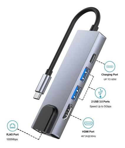 Tipo C Hub 5 En 1 Adaptador Usb C A Hdmi Con Ethernet Gris