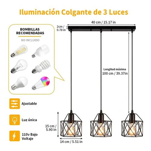 Lámpara Colgante Industrial Jaula 3 En 1