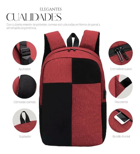 Mochila Para Laptop Carga Usb Negra con Rojo