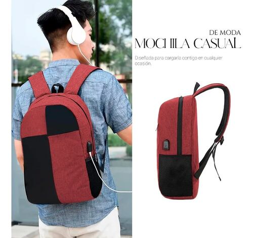 Mochila Para Laptop Carga Usb Negra con Rojo